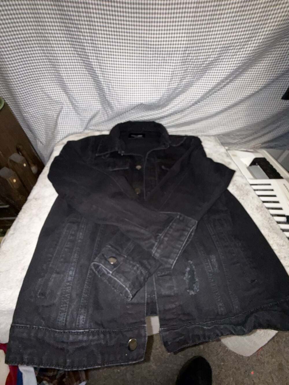 Fashion Nova Black Distressed Denim Jacket with Lion Patch